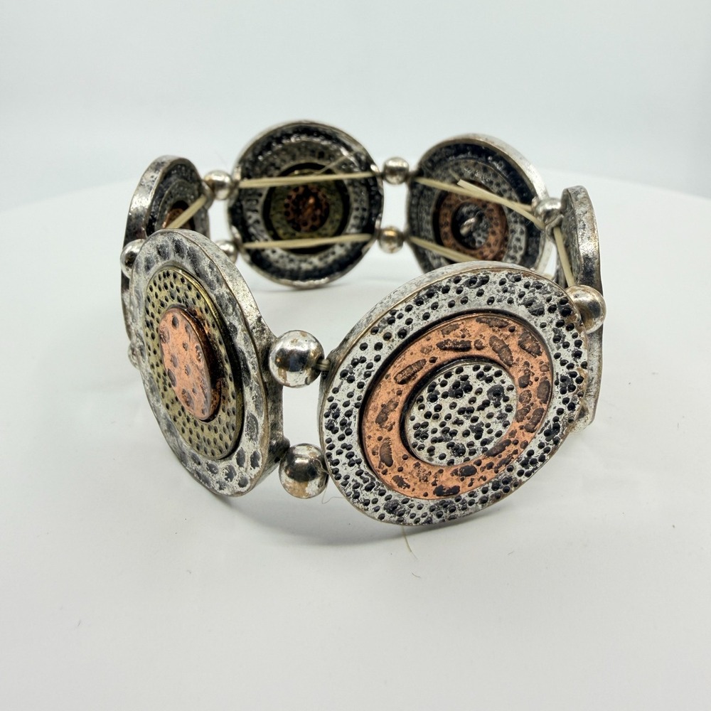 Vintage Mixed Metal Textured Medallion Stretch Bracelet - Copper Brass